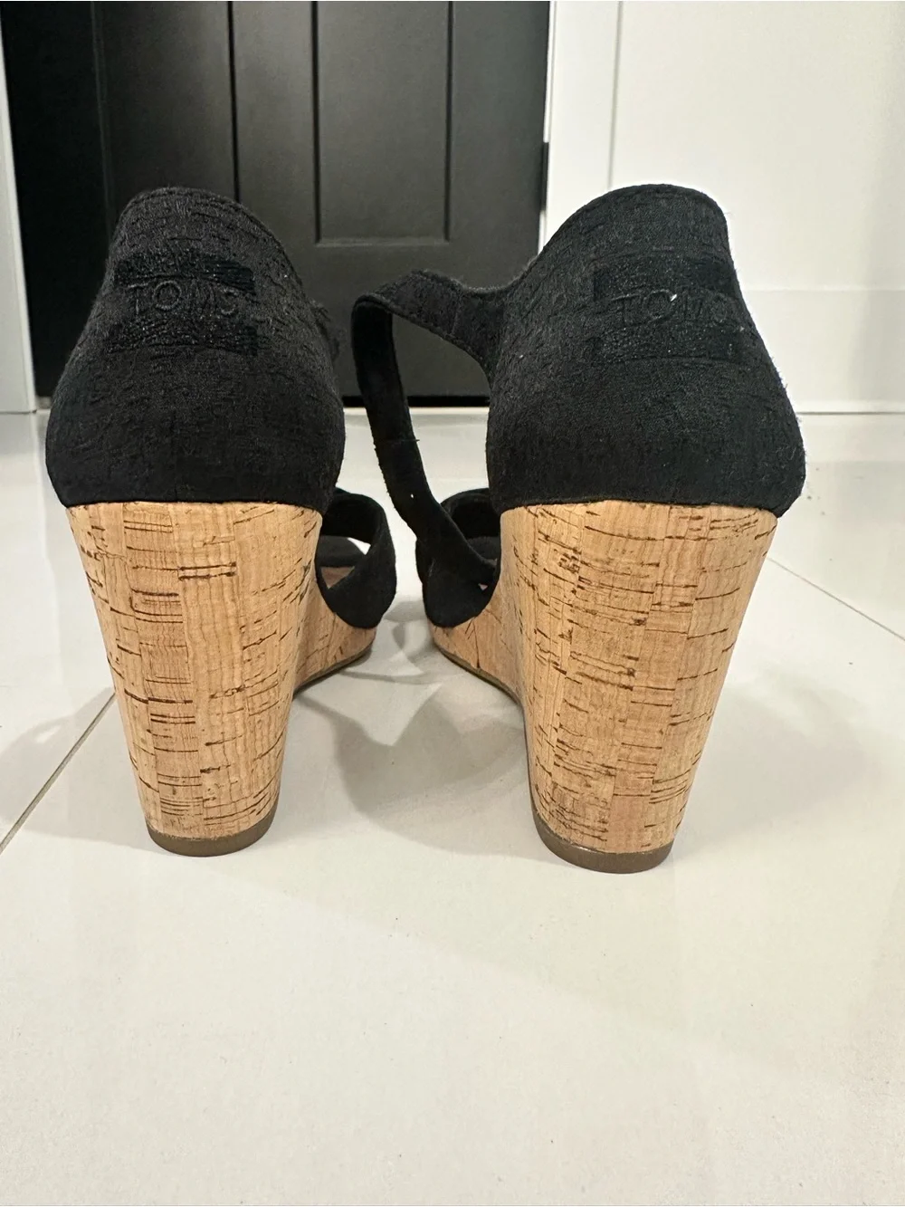 Toms Black Cork Wedge Sandals